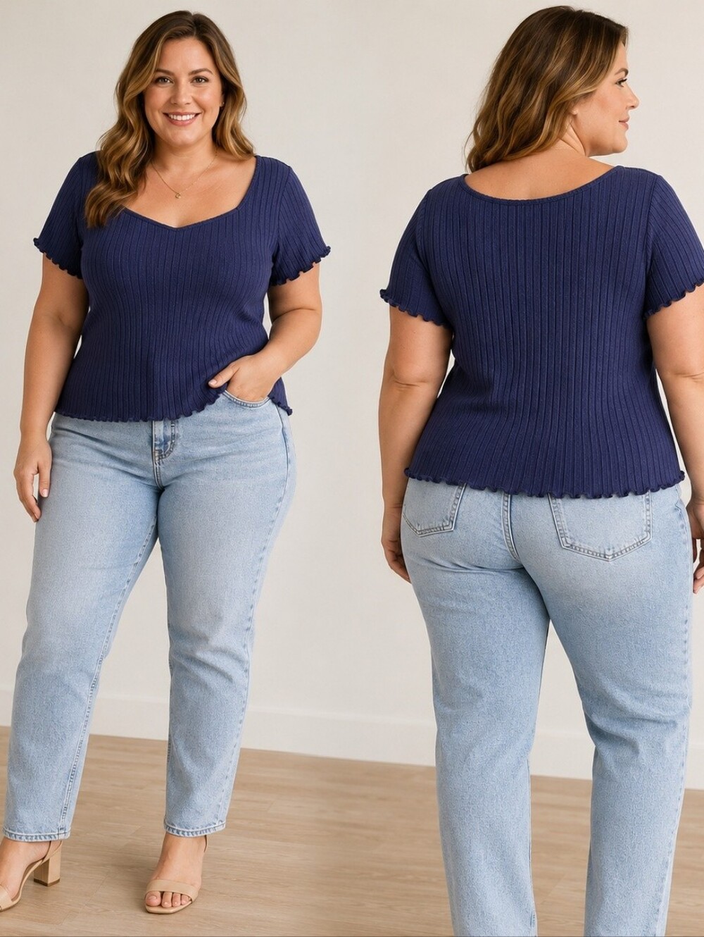 Universal Thread Navy Ribbed Lettuce-Edge Top – Women’s 1X Coastal Normcore Mini